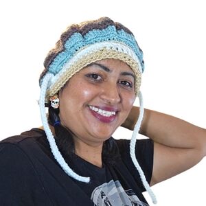 Hand Crafted Crochet Slauchy hat Handmade bonnet pompom beanie multicolor 3-way